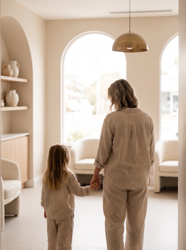 Mãe e filho chegando à recepção da clínica