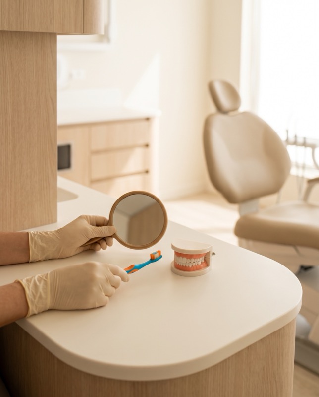 Instrumentos de odontopediatria e modelo de dentes infantil
