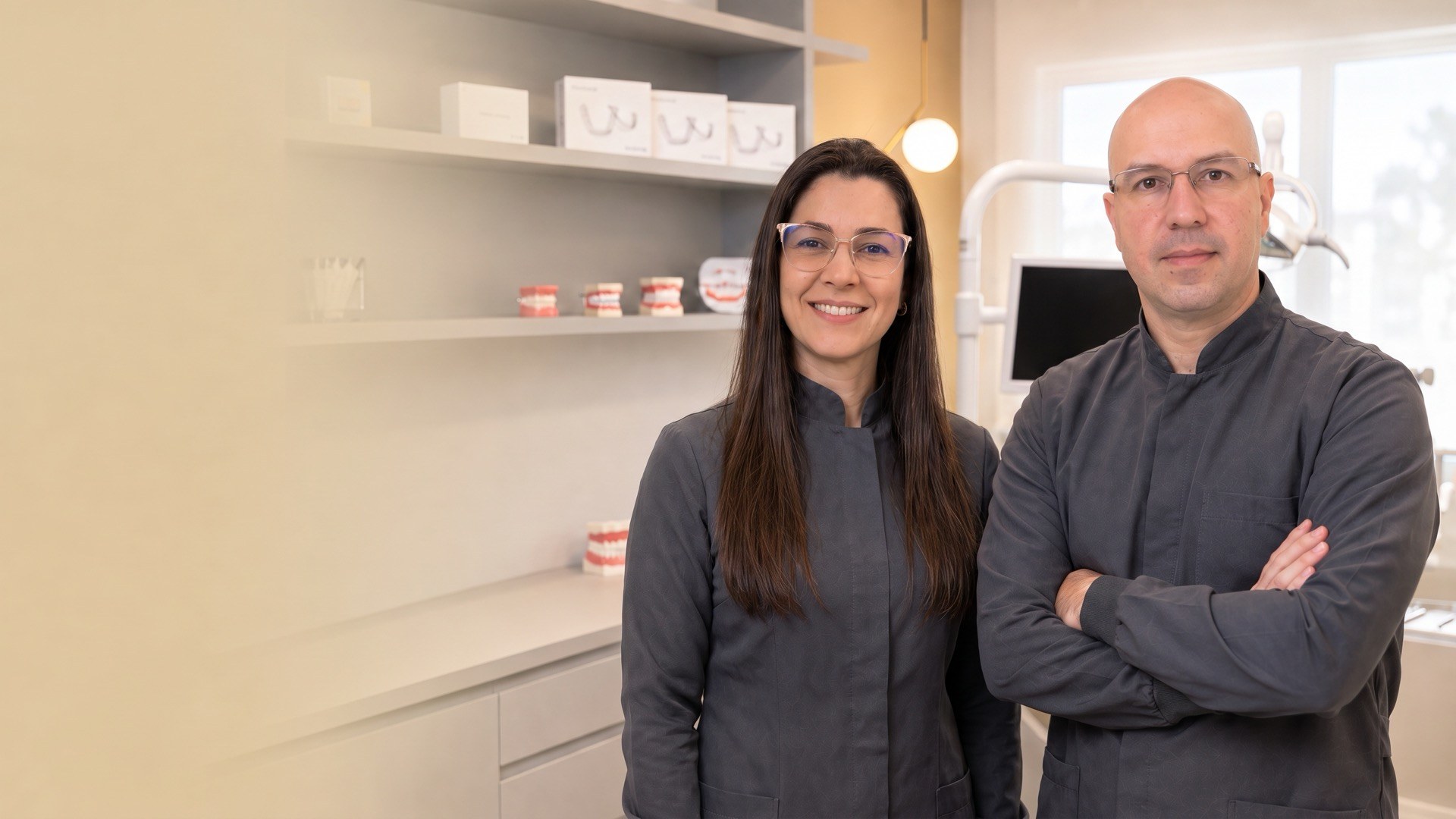 Os dois cirurgiões-dentistas responsáveis pelo consultório, em atendimento