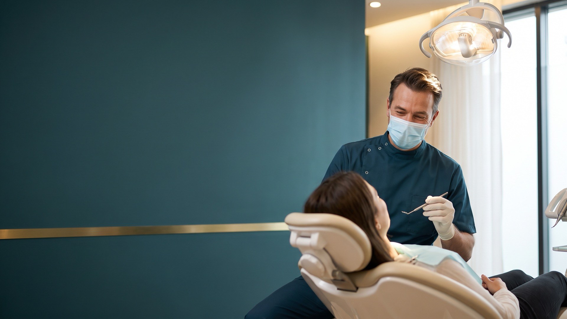 Cirurgião-dentista atendendo um paciente na cadeira, com instrumento em mão sob a luminária