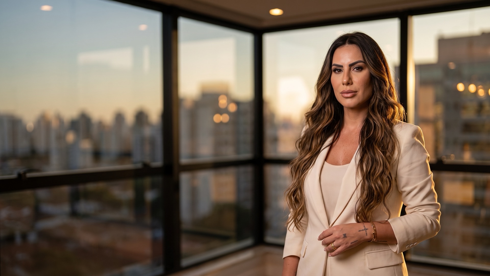 Dra. Cris Wahlus em seu consultório, com a cidade ao fundo