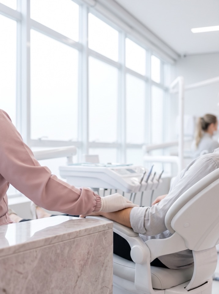 Mão da dentista acolhendo o paciente na cadeira