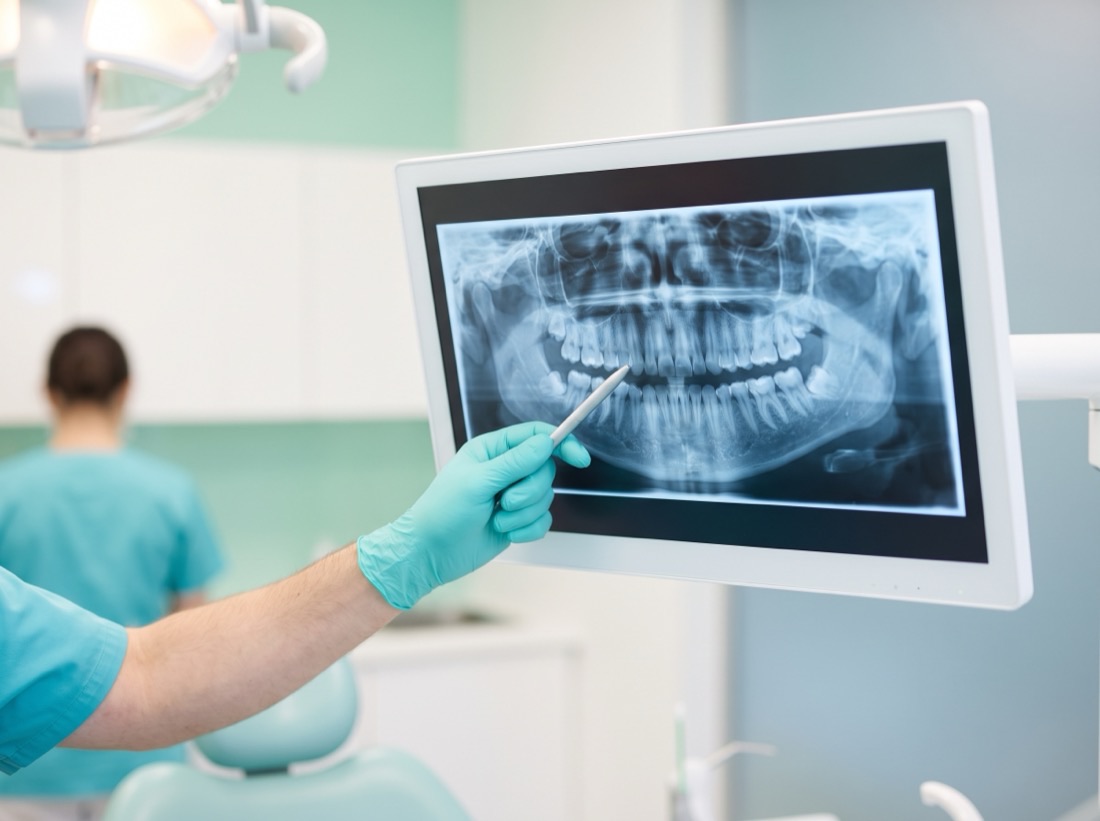 Radiografia panorâmica sendo mostrada na tela