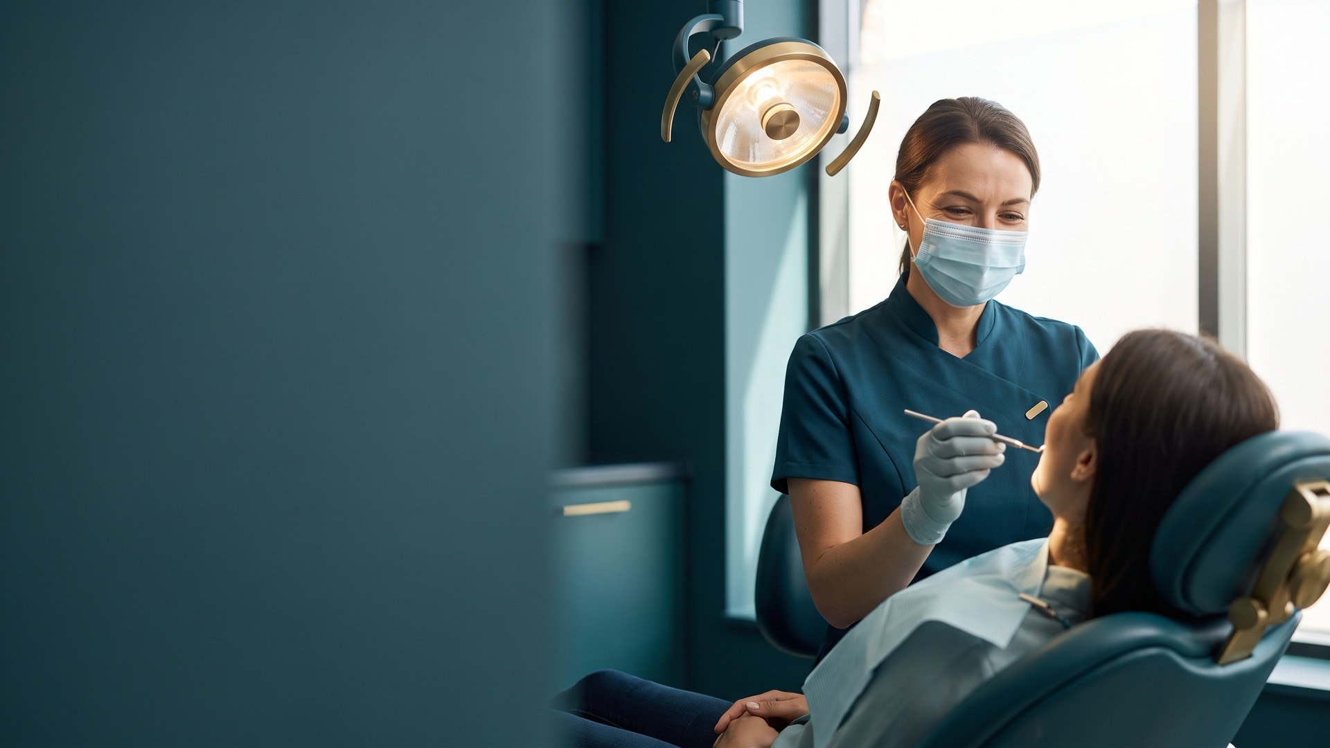 Dentista da Empire Odontologia atendendo uma paciente na cadeira, com instrumento em mão sob a luminária