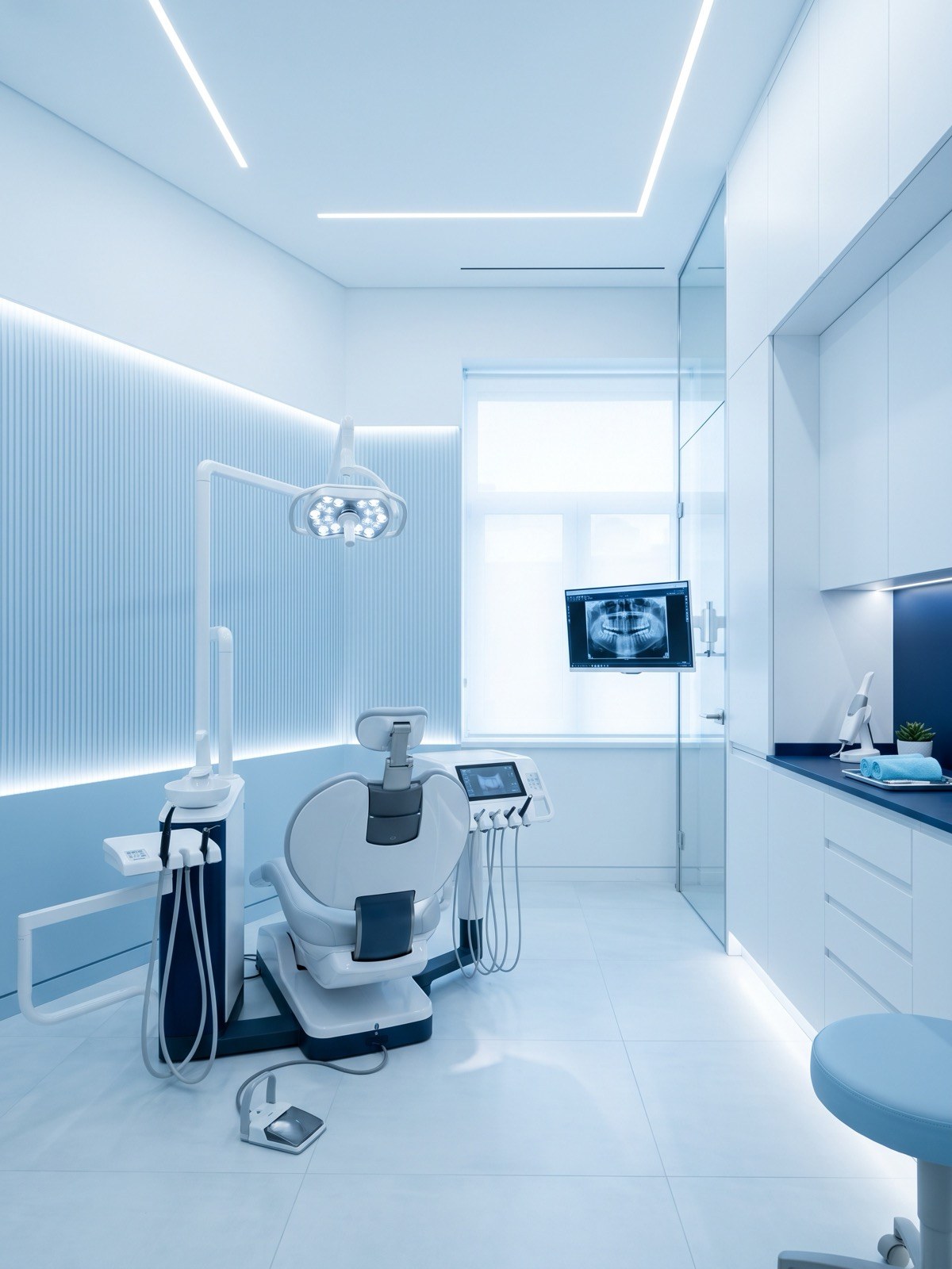 Sala de atendimento da clínica, com cadeira odontológica