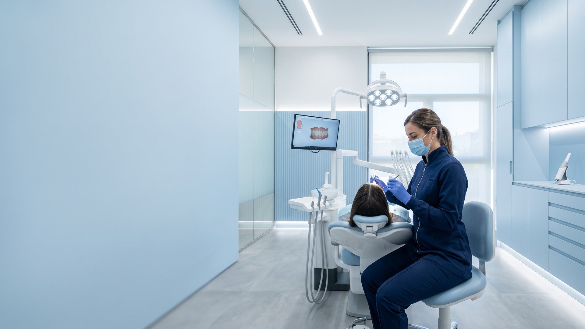 Cirurgiã-dentista atendendo um paciente na cadeira, com o refletor aceso