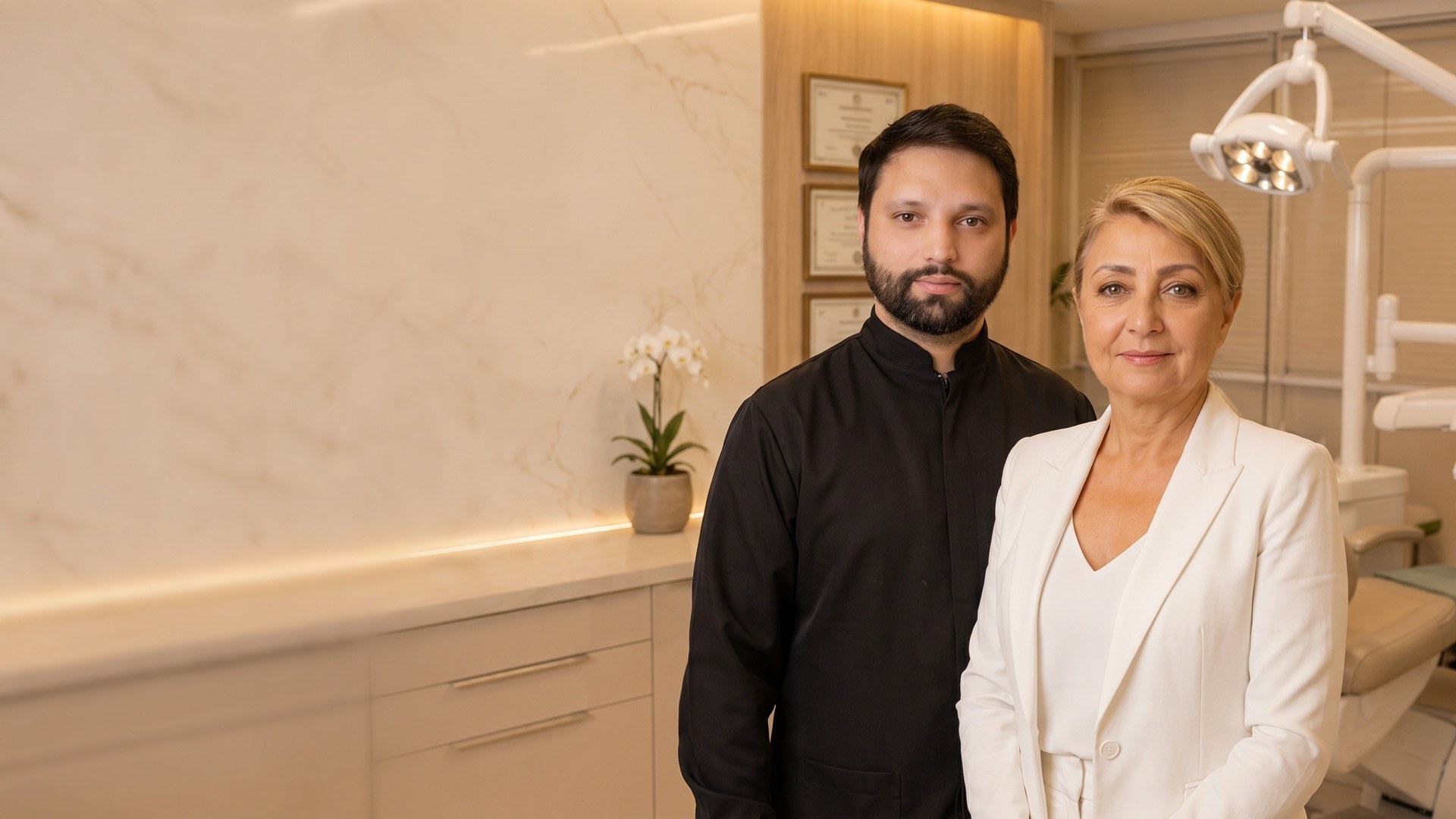 Os dois cirurgiões-dentistas responsáveis pelo consultório, em atendimento