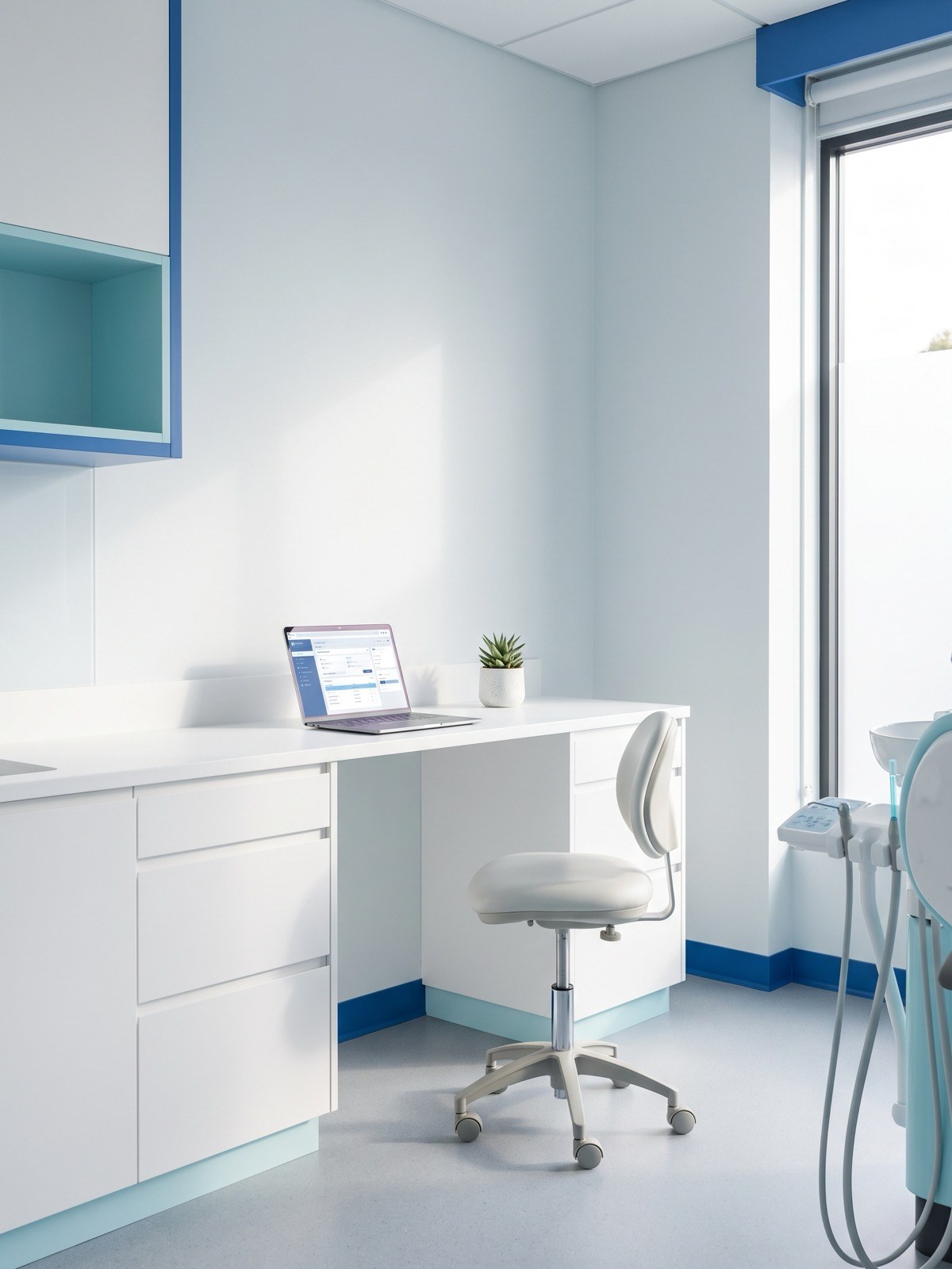 Bancada e mobiliário do consultório da Stories Odontologia