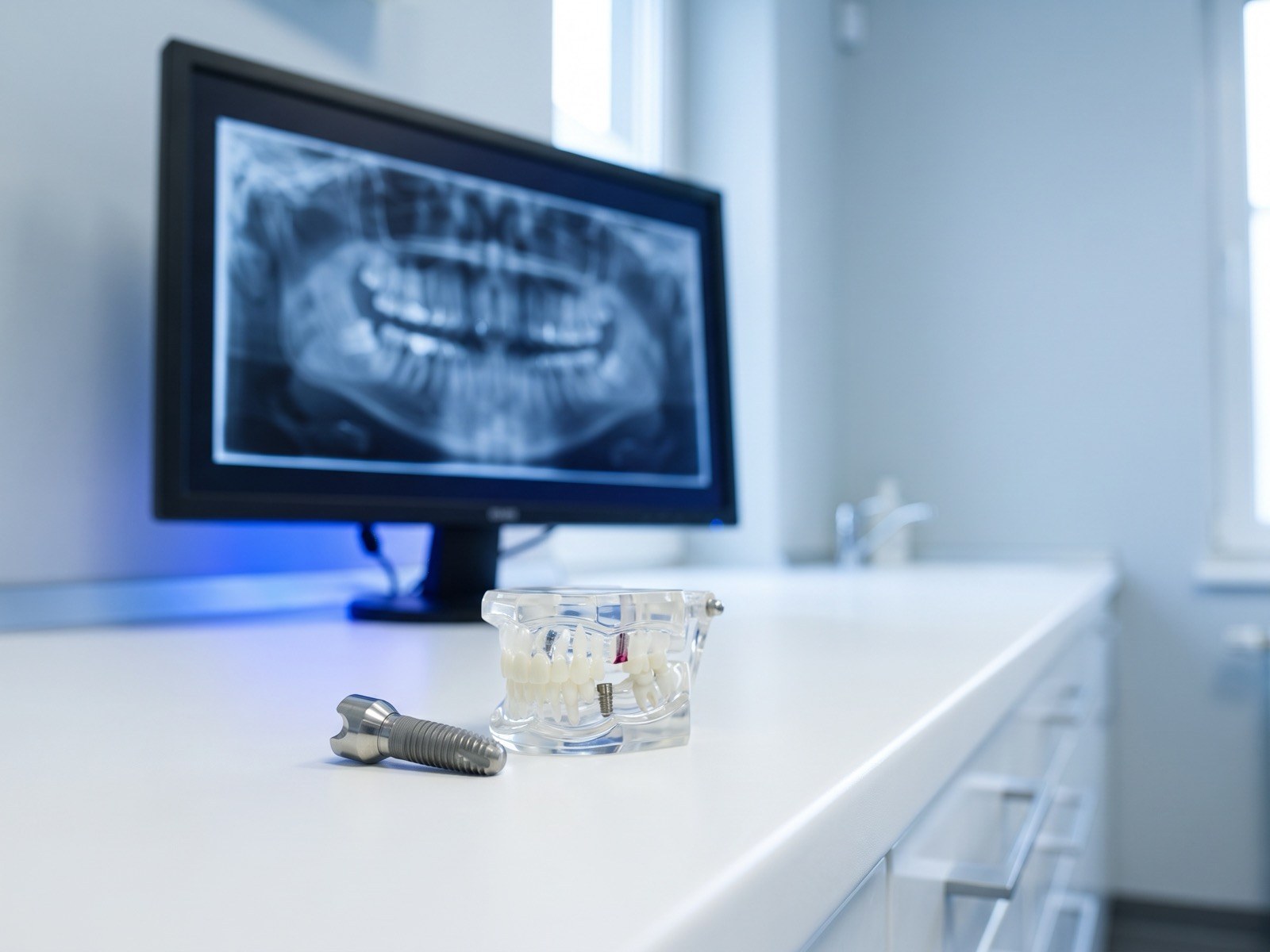 Radiografia panorâmica na tela ao lado de implante e modelo dentário