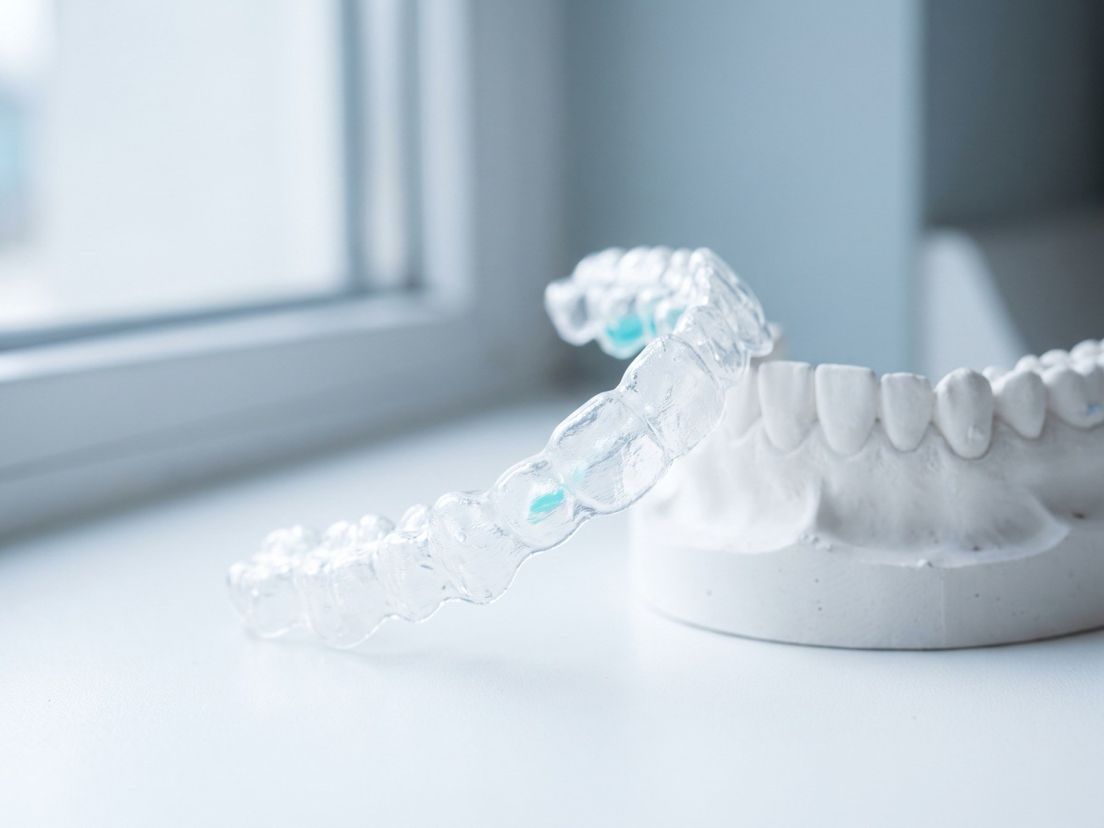 Alinhador transparente contra a luz, ao lado de modelo dentário