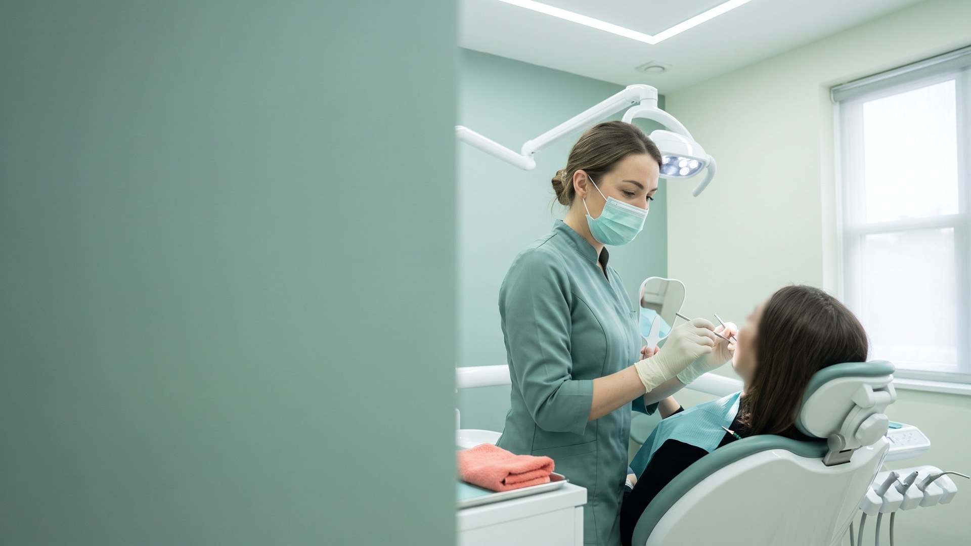 Cirurgiã-dentista atendendo um paciente na cadeira, com o refletor aceso